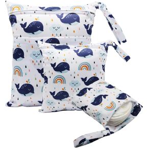 3pcs Cloth Diaper Wet Dry Bags Waterproof Reusable with Two Zippered Pockets Travel Beach Pool Daycare Soiled Baby Items Yoga Gym Bag for Swimsuits or Wet Clothes (dinosaur)