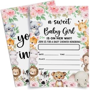 Pink Baby Shower Invitation for Girl, Girl Safari Animals Baby Shower Invitations Jungle Woodland Floral Baby Shower Party Invites Card, Baby Girl Is on Her Way, 20 Invites with Envelopes (4"x6")
