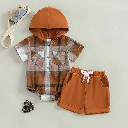 Douhoow Baby Boy Summer Outfits Plaid Short Sleeve Baby Hooded Romper Baby Shorts 2 Pcs Toddler Boys Clothes in Saudi Arabia