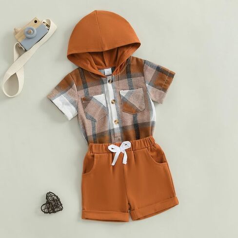 Douhoow Baby Boy Summer Outfits Plaid Short Sleeve Baby Hooded Romper Baby Shorts 2 Pcs Toddler Boys Clothes in Saudi Arabia