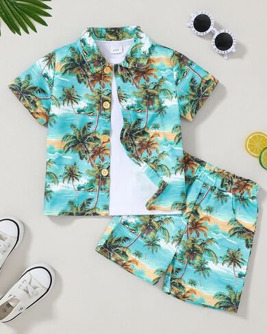 Zoerea Toddler Baby Boy Cloths Hawaiian Shorts مجموعات مطبوعة زر أسفل القميص والسراويل القصيرة Summer Beach Comple in Kuwait