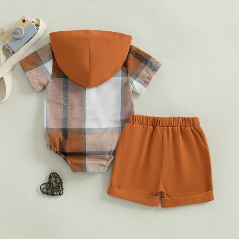 Douhoow Baby Boy Summer Outfits Plaid Short Sleeve Baby Hooded Romper Baby Shorts 2 Pcs Toddler Boys Clothes in Saudi Arabia