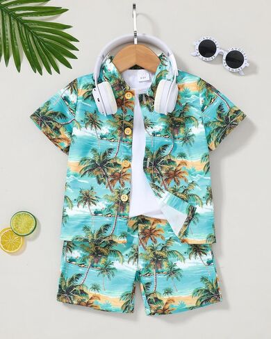 Zoerea Toddler Baby Boy Cloths Hawaiian Shorts مجموعات مطبوعة زر أسفل القميص والسراويل القصيرة Summer Beach Comple in Kuwait