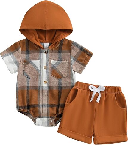 Douhoow Baby Boy Summer Outfits Plaid Short Sleeve Baby Hooded Romper Baby Shorts 2 Pcs Toddler Boys Clothes in Saudi Arabia