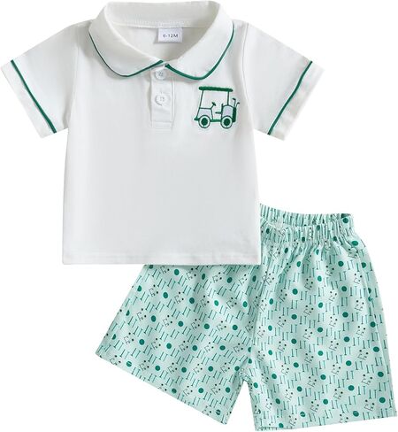 Toddler Baby Boy Summer Clothes Golf Cart Embroidery Lapel Tshirt Tops Golf Shorts Set Infant Sweatsuit Outfits in Kuwait