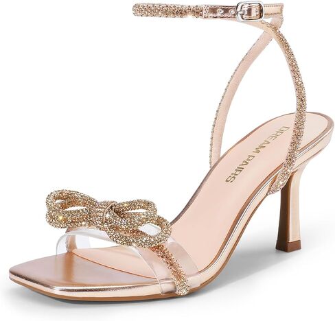 DREAM PAIRS Women's Double Bowknots Heels Open Square Toe Ankle Strap Crystal Rhinestone Dress Sandals for Party Wedding in Saudi Arabia
