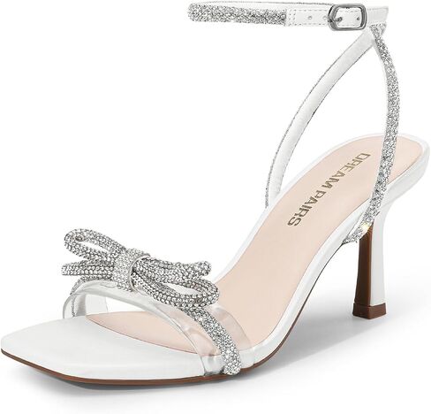DREAM PAIRS Women's Double Bowknots Heels Open Square Toe Ankle Strap Crystal Rhinestone Dress Sandals for Party Wedding in Saudi Arabia