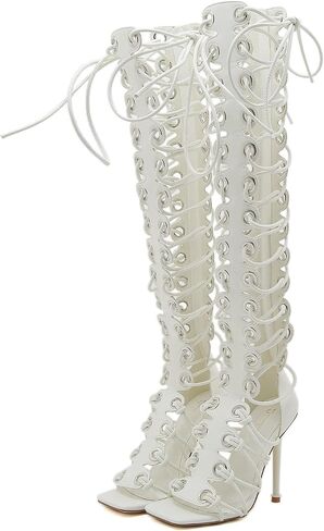 STUPMARY Women Peep Toe Sandals Cut-outs Cross-tied Lace Up High Heeled Gladiator Sandals Zipper Over The Knee Bootie Summer in Saudi Arabia