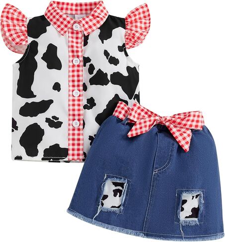 Lefyira Toddler Cowgirl Jean Outfit Cow Print Button Up قميص طفلة تعليق اللباس القوس جينز مجموعة ملابس غربية الملابس in Kuwait