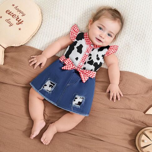 Lefyira Toddler Cowgirl Jean Outfit Cow Print Button Up قميص طفلة تعليق اللباس القوس جينز مجموعة ملابس غربية الملابس in Kuwait