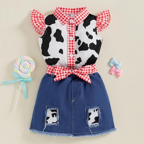 Lefyira Toddler Cowgirl Jean Outfit Cow Print Button Up قميص طفلة تعليق اللباس القوس جينز مجموعة ملابس غربية الملابس in Kuwait