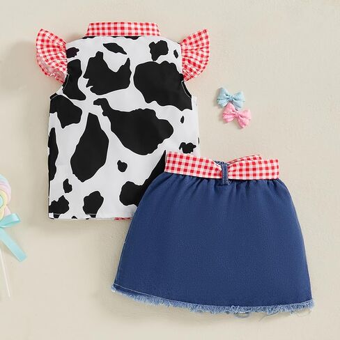 Lefyira Toddler Cowgirl Jean Outfit Cow Print Button Up قميص طفلة تعليق اللباس القوس جينز مجموعة ملابس غربية الملابس in Kuwait