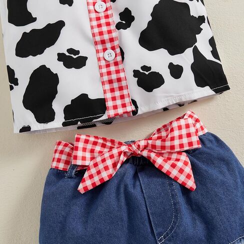 Lefyira Toddler Cowgirl Jean Outfit Cow Print Button Up قميص طفلة تعليق اللباس القوس جينز مجموعة ملابس غربية الملابس in Kuwait