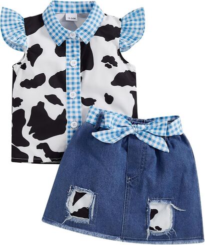 Lefyira Toddler Cowgirl Jean Outfit Cow Print Button Up Shirt Baby Girl Suspender Dress Bow Jeans Skirt Set Western Clothes in Saudi Arabia