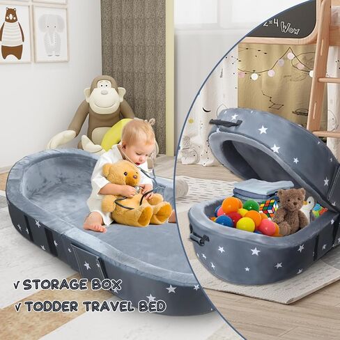 2in1 Portable Toddler Floor Bed, Foldable Toddler Travel Bed, Kids Floor Cot with Washable Fitted Sheet for Outdoor Camping Napping, Easy to Carry in Kuwait