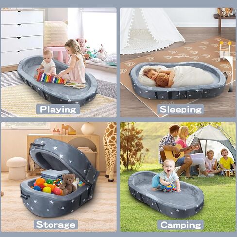 2in1 Portable Toddler Floor Bed, Foldable Toddler Travel Bed, Kids Floor Cot with Washable Fitted Sheet for Outdoor Camping Napping, Easy to Carry in Kuwait