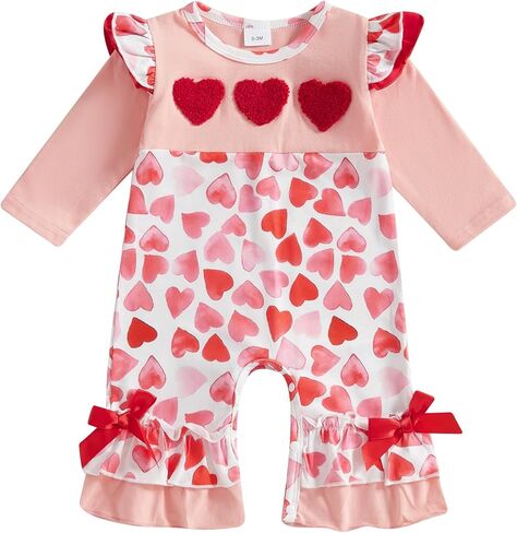 My Firist Valentines Day Outfit Baby Girl Layered Ruffle Jumpsuit Long Sleeve Heart Romper Cute Valentine Baby Clothes in Kuwait