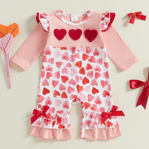 My Firist Valentines Day Outfit Baby Girl Layered Ruffle Jumpsuit Long Sleeve Heart Romper Cute Valentine Baby Clothes in Kuwait