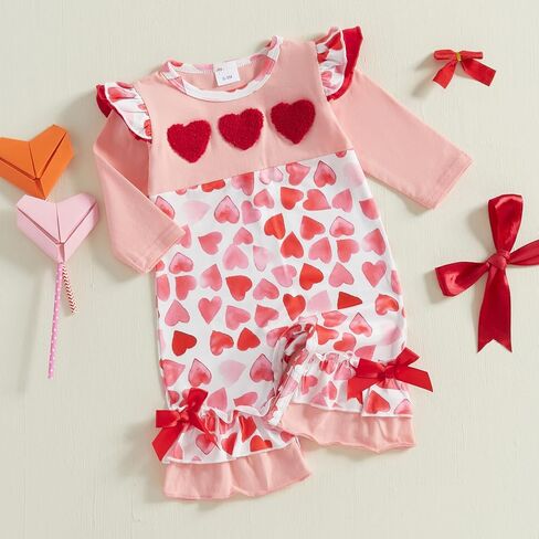 My Firist Valentines Day Outfit Baby Girl Layered Ruffle Jumpsuit Long Sleeve Heart Romper Cute Valentine Baby Clothes in Kuwait