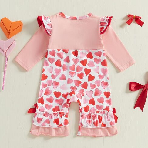 My Firist Valentines Day Outfit Baby Girl Layered Ruffle Jumpsuit Long Sleeve Heart Romper Cute Valentine Baby Clothes in Kuwait