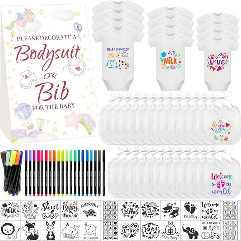 Baby Bibs Bodysuits Baby Shower Game Sign Set Baby Feeder Bibs Newborn Onesies Fabric Marker Stencils Kit in Saudi Arabia