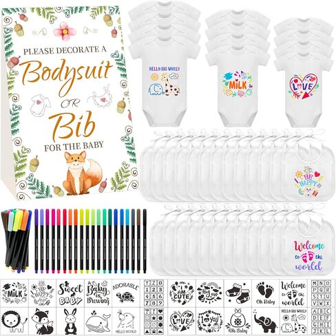 Baby Bibs Bodysuits Baby Shower Game Sign Set Baby Feeder Bibs Newborn Onesies Fabric Marker Stencils Kit in Saudi Arabia