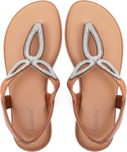 Luoika Women's Wide Width Flat Slides Sandals, Flip Flop Strappy Rhinestone Thong Sandals Comfortable Summer Beach Shoes for Women. in Kuwait