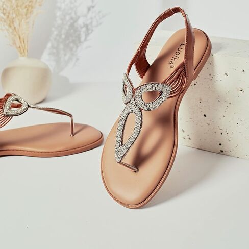 Luoika Women's Wide Width Flat Slides Sandals, Flip Flop Strappy Rhinestone Thong Sandals Comfortable Summer Beach Shoes for Women. in Kuwait