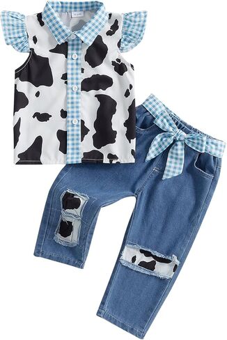 Lefyira Cowgirl Outfit Toddler Jean Pants مجموعة زراعة البقرة زر أعلى قميص الكشكش الأكمام بيلات غرب ملابس الطفلة in Kuwait