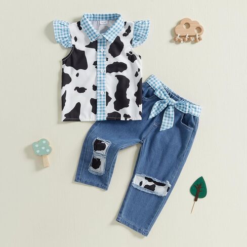 Lefyira Cowgirl Outfit Toddler Jean Pants مجموعة زراعة البقرة زر أعلى قميص الكشكش الأكمام بيلات غرب ملابس الطفلة in Kuwait