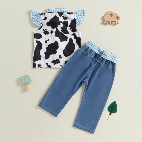 Lefyira Cowgirl Outfit Toddler Jean Pants مجموعة زراعة البقرة زر أعلى قميص الكشكش الأكمام بيلات غرب ملابس الطفلة in Kuwait