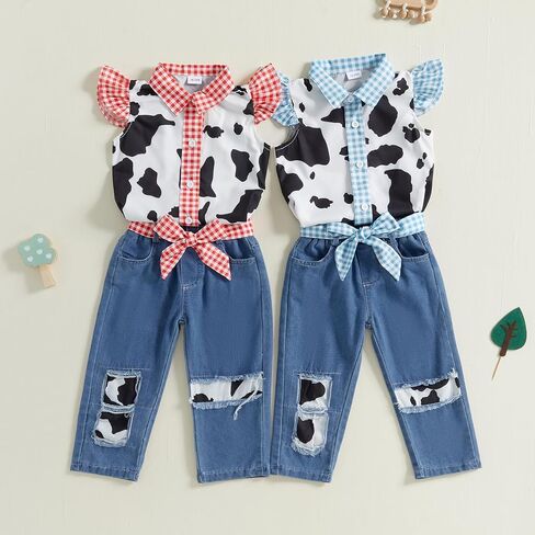 Lefyira Cowgirl Outfit Toddler Jean Pants مجموعة زراعة البقرة زر أعلى قميص الكشكش الأكمام بيلات غرب ملابس الطفلة in Kuwait
