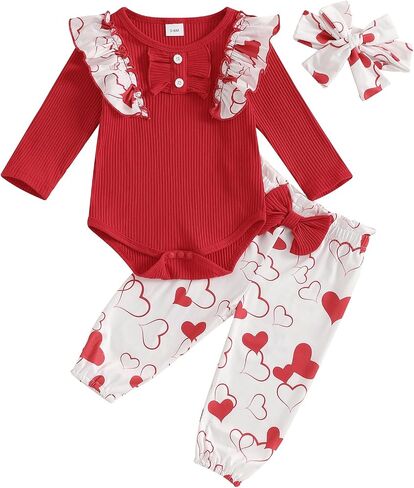Newborn Baby Girl Valentines Day Outfit Cute St Patricks Day Outfit Ribbed Long Sleeve Romper Bodysuit Pants Set in Saudi Arabia