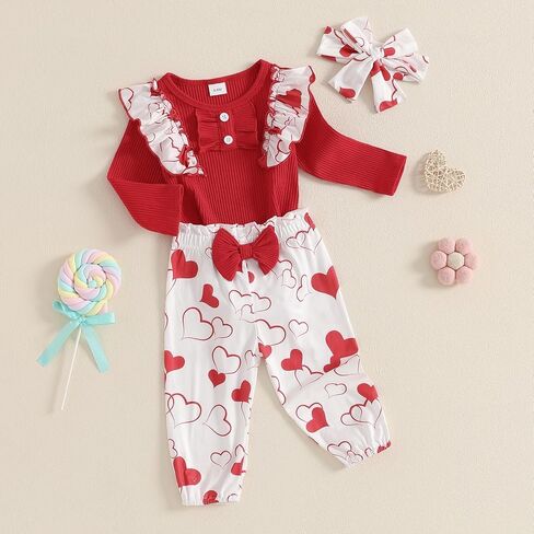 Newborn Baby Girl Valentines Day Outfit Cute St Patricks Day Outfit Ribbed Long Sleeve Romper Bodysuit Pants Set in Saudi Arabia