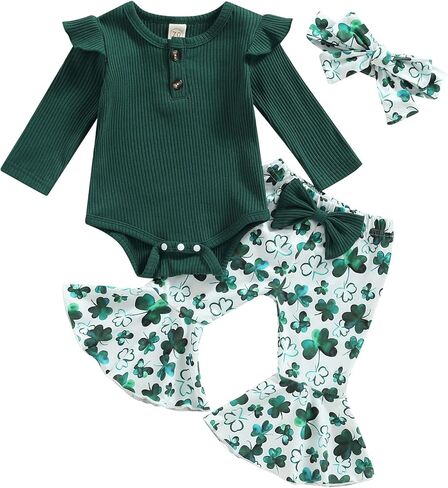 Newborn Baby Girl St Patricks Day Outfits Luck of The Irish Clothes Long Sleeve Romper Flare Pants Headband Set 3pcs in Kuwait