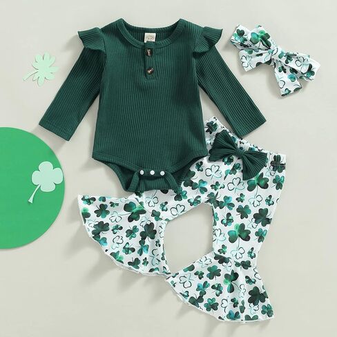 Newborn Baby Girl St Patricks Day Outfits Luck of The Irish Clothes Long Sleeve Romper Flare Pants Headband Set 3pcs in Kuwait