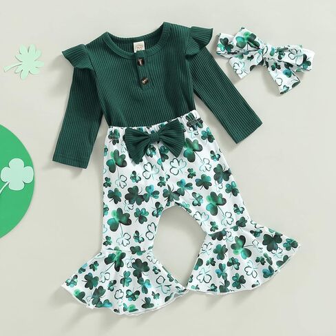 Newborn Baby Girl St Patricks Day Outfits Luck of The Irish Clothes Long Sleeve Romper Flare Pants Headband Set 3pcs in Kuwait