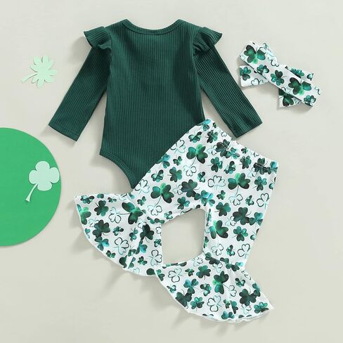 Newborn Baby Girl St Patricks Day Outfits Luck of The Irish Clothes Long Sleeve Romper Flare Pants Headband Set 3pcs in Kuwait