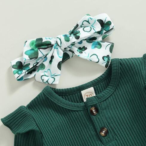 Newborn Baby Girl St Patricks Day Outfits Luck of The Irish Clothes Long Sleeve Romper Flare Pants Headband Set 3pcs in Kuwait