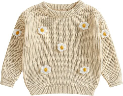 Toddler Baby Girl Chunky Knit Sweater Long Sleeve Crewneck Bow Flower Knitted Pullover Tops Knitwear Spring Clothes in Saudi Arabia