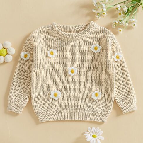 Toddler Baby Girl Chunky Knit Sweater Long Sleeve Crewneck Bow Flower Knitted Pullover Tops Knitwear Spring Clothes in Saudi Arabia