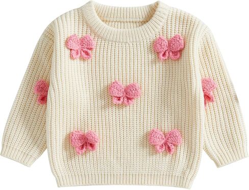 Toddler Baby Girl Chunky Knit Sweater Long Sleeve Crewneck Bow Flower Knitted Pullover Tops Knitwear Spring Clothes in Saudi Arabia