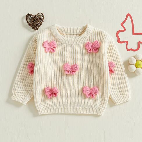 Toddler Baby Girl Chunky Knit Sweater Long Sleeve Crewneck Bow Flower Knitted Pullover Tops Knitwear Spring Clothes in Saudi Arabia