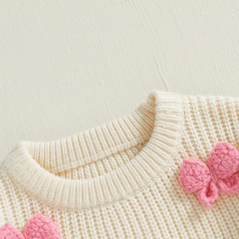 Toddler Baby Girl Chunky Knit Sweater Long Sleeve Crewneck Bow Flower Knitted Pullover Tops Knitwear Spring Clothes in Saudi Arabia