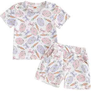 Toddler Baby Girl Easter Outfit Egg Bunny Print Short Sleeve Tops T-shirt Cute Shorts Set Baby Girl Summer Clothes