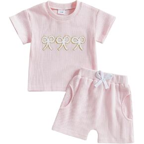FIOMVA Toddler Baby Girl Summer Clothes Outfits Bow Print Tops Tees TShirt+Short Pants Joggers 2Piece Waffle Knit Clothing