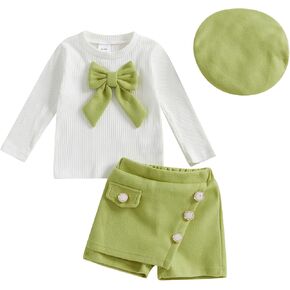 3PCS Baby Girls 3D Bow Long Sleeve Ribbed Knitted Shirt + Irregular Button Skirt Shorts + Beret Sets