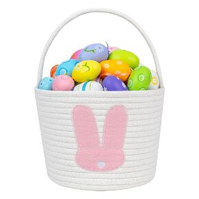 CubesLand Easter Basket for Kids Boys and Girls, Adorable Bunny Basket for Easter Egg Hunts, Soft & Safe Baby’s First Easter Basket, Sturdy Cotton Rope Empty Gift Basket, Festive Décor- Pink-Small