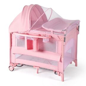 JOYMOR 9 in 1 Bedside Bassinet with Changing Table, Pack and Play with Bassinet, Convert to Rocking Baby Bed with Electric Music Center, Mosquito Net, Toy, Storage,Pink