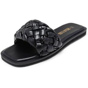 DREAM PAIRS Women's Square Open Toe Slide Sandals Cute Slip on Braided Strap Rhinestone Flat Sandals for Summer